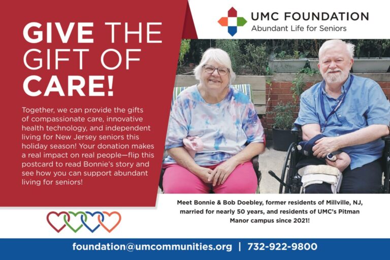 Photo and quotes from Bonnie and Bob Doebley, residents of Pitman Manor, encouraging others to support the UMC Foundation's 2025 Year End Appeal.