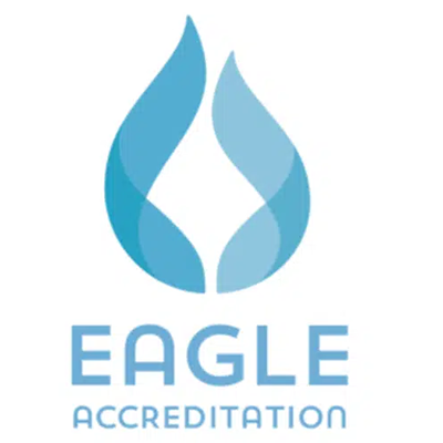 The Methodist Ministries Network blue flame EAGLE accreditation logo, awarded to eligible faith-based senior and family services ministries.