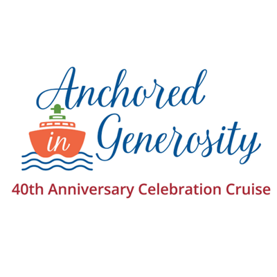 Anchored in Generosity logo for the UMC Foundation's 40th Anniversary celebration river cruise event. The logo features a stylized boat graphic on blue squiggles depicting waves.