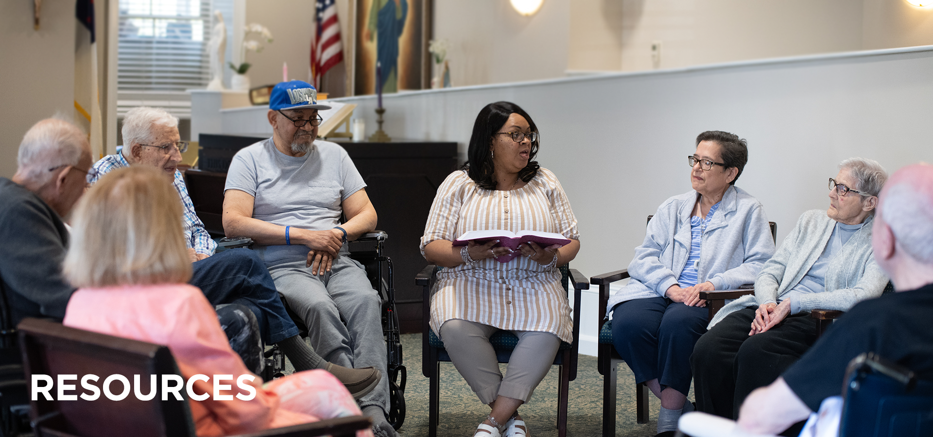 UMCF resources HEADER Chaplain Jocelyn gathers with residents for a Bible Study class in the chapel at Collingswood Manor.