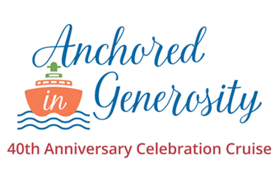 Anchored in Generosity logo for the UMC Foundation's 40th Anniversary celebration river cruise event. The logo features a stylized boat graphic on blue squiggles depicting waves.