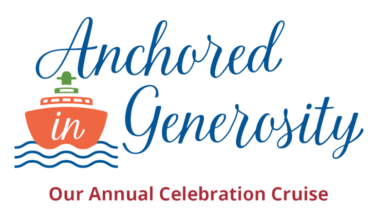 The words Anchored in Generosity with a boat and water. Includes tagline our annual celebration cruise