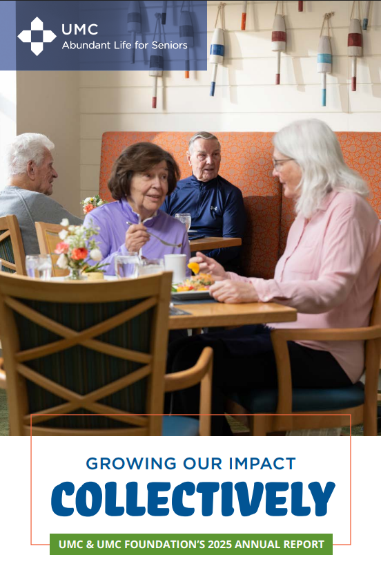 Cover image of 2025 Annual Report features residents eating and socializing in a bright, colorful UMC dining room.